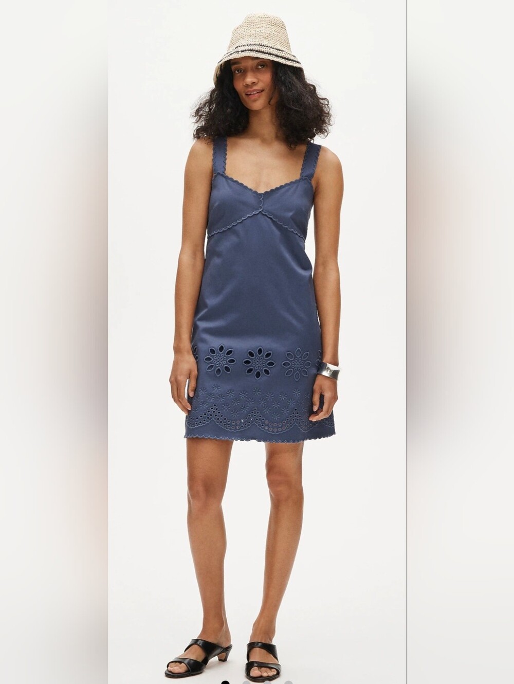Scallop-trim mini dress in washed twill